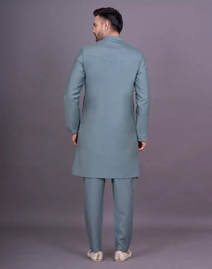 Green Shade Self Thread Embroidery work Soft Silk Kurta Jacket Set