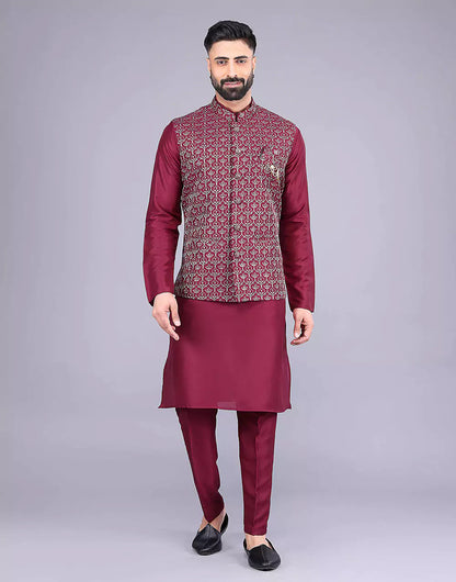 Floral Design Maroon Embroidery Work Jacquard Kurta Set