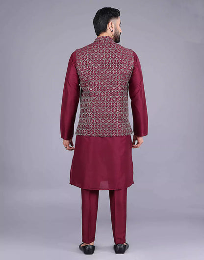Floral Design Maroon Embroidery Work Jacquard Kurta Set
