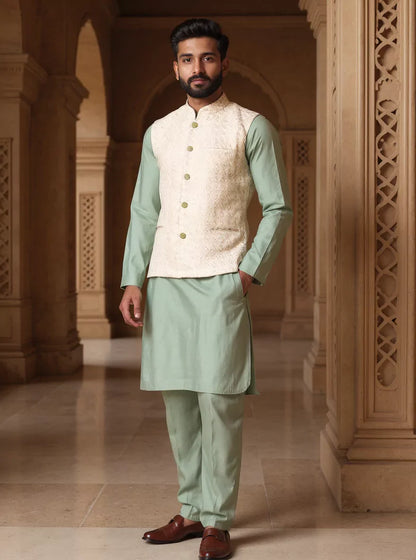 Pista Conch Shell Pattern Jacquard Kurta Jacket Set