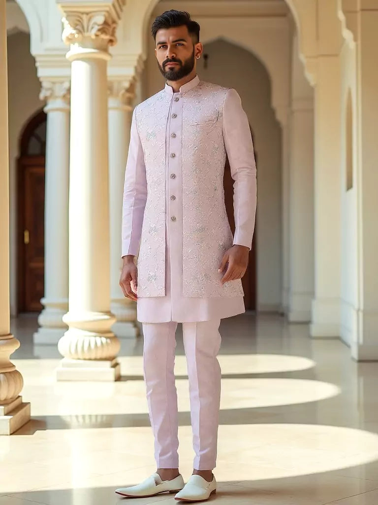 Indya Light Pink Embroidery Floral Raw Silk Kurta Jacket Set