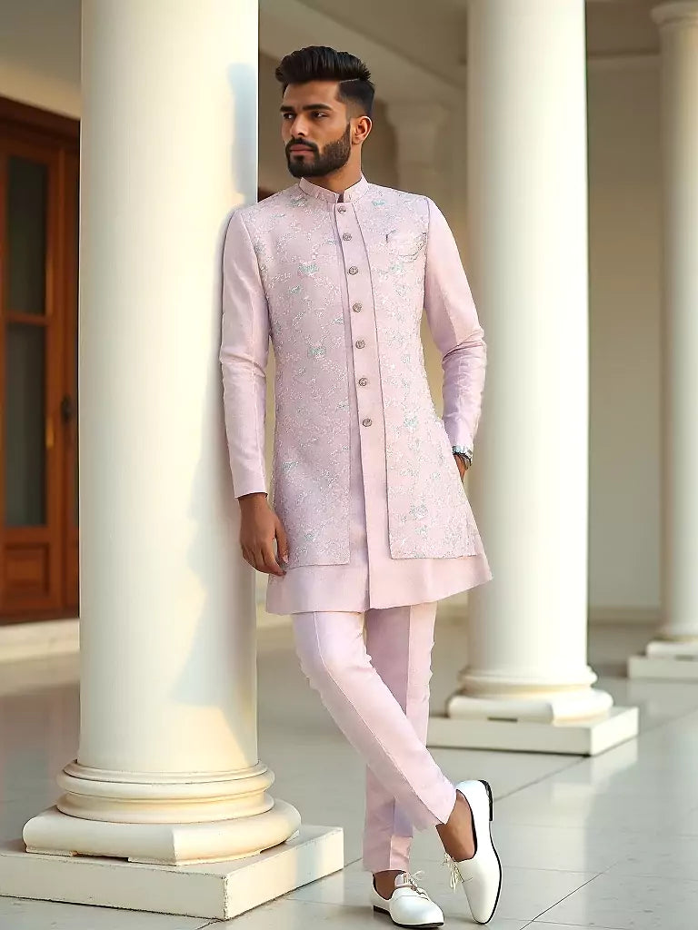 Indya Light Pink Embroidery Floral Raw Silk Kurta Jacket Set