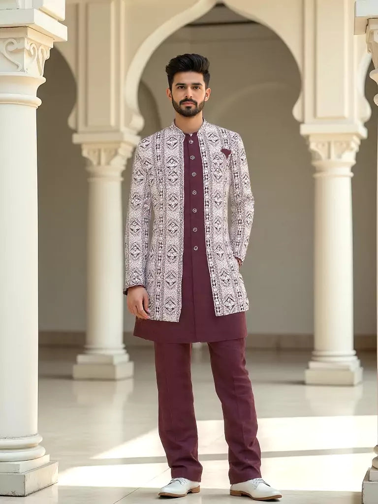Maroon Polyester Kurta Pajama with Heavy Thread work Men&
