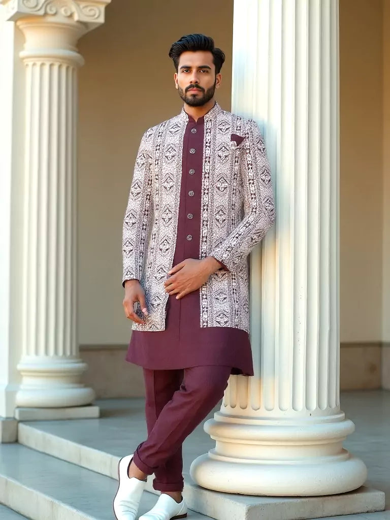Maroon Polyester Kurta Pajama with Heavy Thread work Men&