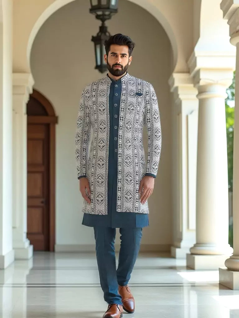 Rama Green Polyester Kurta Pajama with Heavy Thread work Men&
