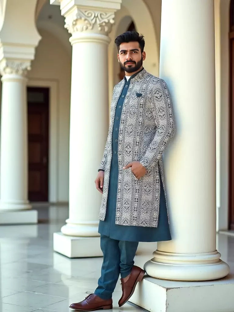 Rama Green Polyester Kurta Pajama with Heavy Thread work Men&
