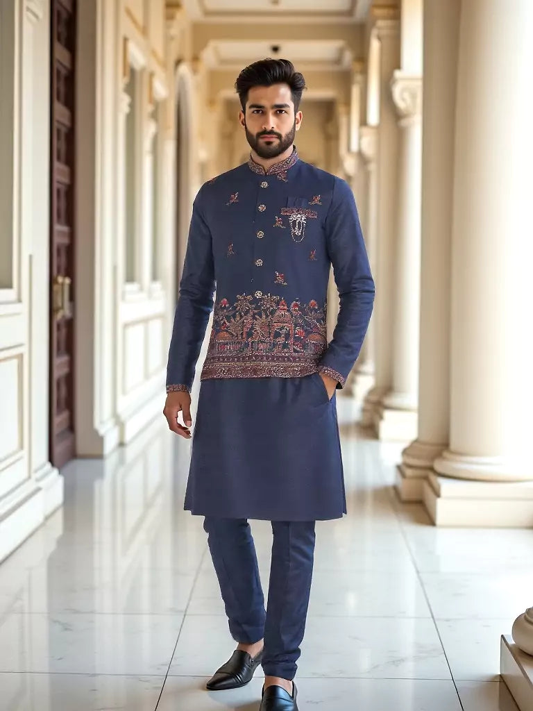 Exclusive Navy Blue Raw Silk Kurta and Koti Jacket Set