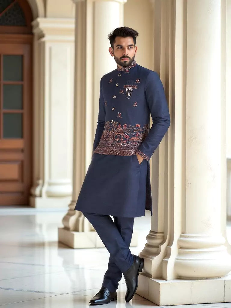 Exclusive Navy Blue Raw Silk Kurta and Koti Jacket Set