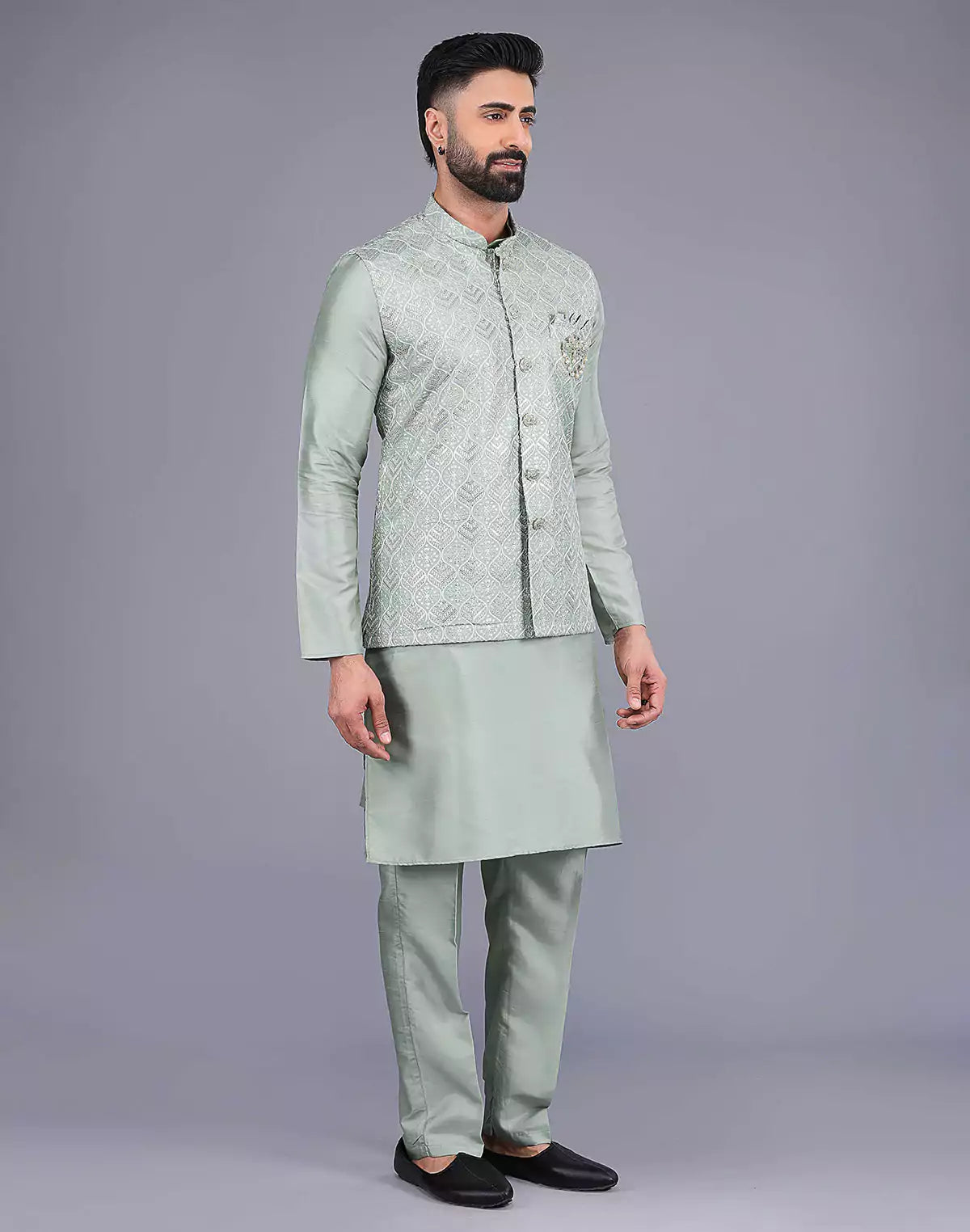 Pista Green Sequence With Embroidery Work Party Wear Kurta Jacket Set