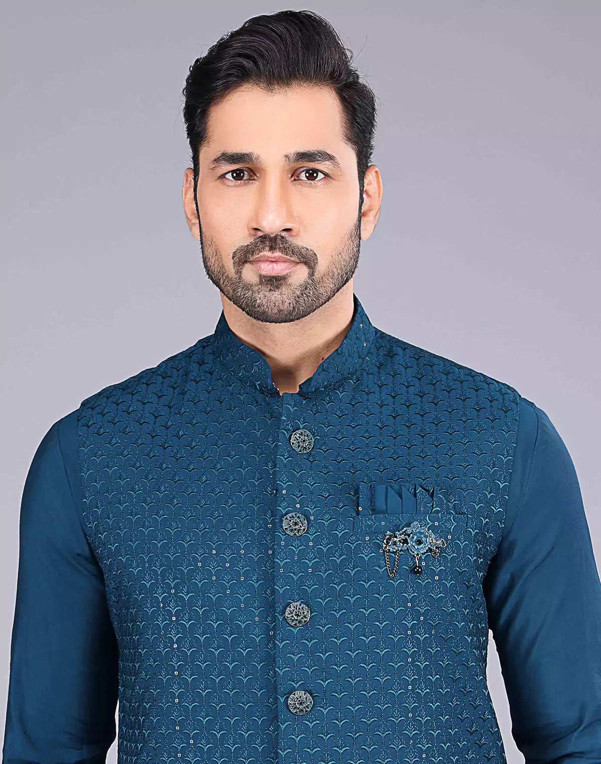 All Over Floral Design Embroidery Work Rama Color Kurta Jacket Set