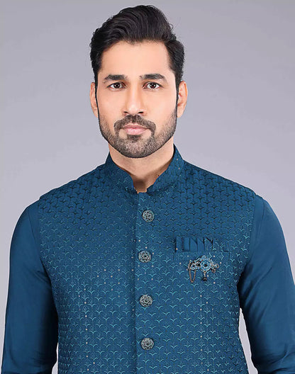 All Over Floral Design Embroidery Work Rama Color Kurta Jacket Set
