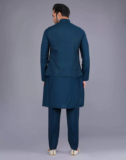 All Over Floral Design Embroidery Work Rama Color Kurta Jacket Set