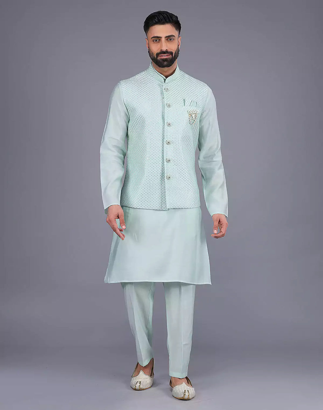 Light Green All Over Self Design Sequence Work Kurta Jacket Set