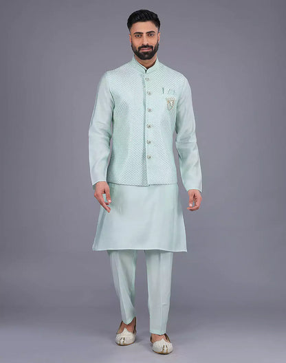 Light Green All Over Self Design Sequence Work Kurta Jacket Set