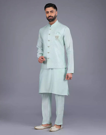 Light Green All Over Self Design Sequence Work Kurta Jacket Set