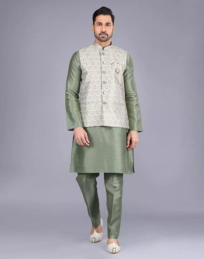 Floral Design Pista Colour Raw Silk Thread work Kurta Jacket Set