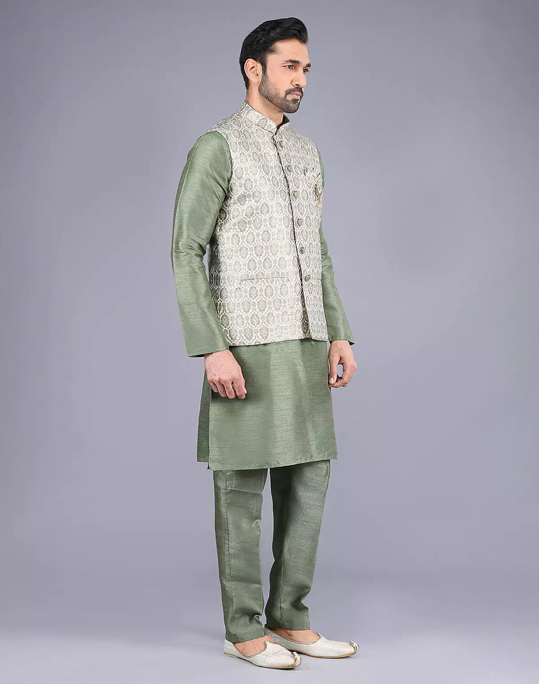 Floral Design Pista Colour Raw Silk Thread work Kurta Jacket Set