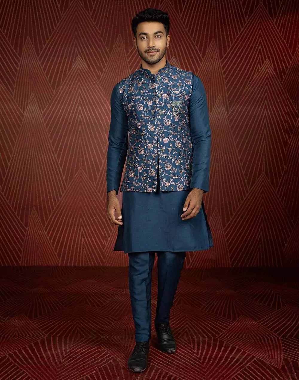 Floral Design Teal Blue All Over Embroidery Work Jacquard Kurta Jacket Set