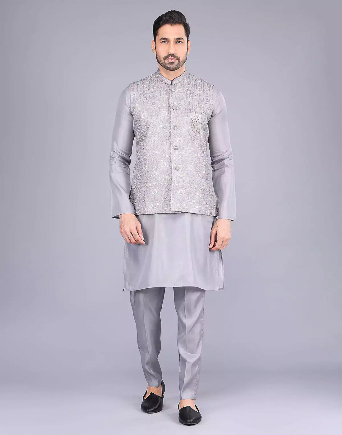 Light Grey All Over Floral Design Embroidery Work Kurta Jacket Set