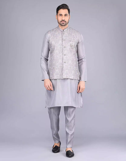 Light Grey All Over Floral Design Embroidery Work Kurta Jacket Set