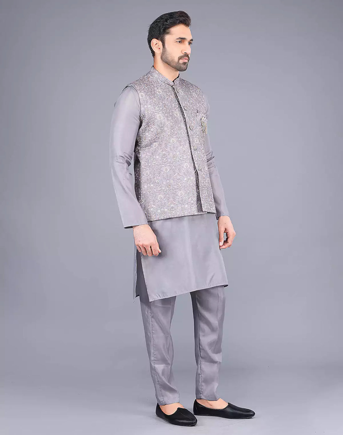 Light Grey All Over Floral Design Embroidery Work Kurta Jacket Set