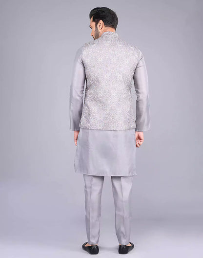 Light Grey All Over Floral Design Embroidery Work Kurta Jacket Set