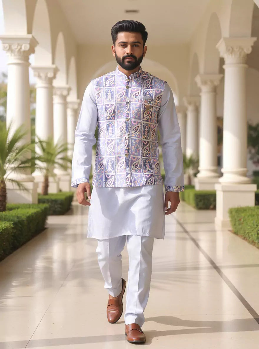 Sky Floral Print with Embellished work Cotton Silk Kurta Jacket Set