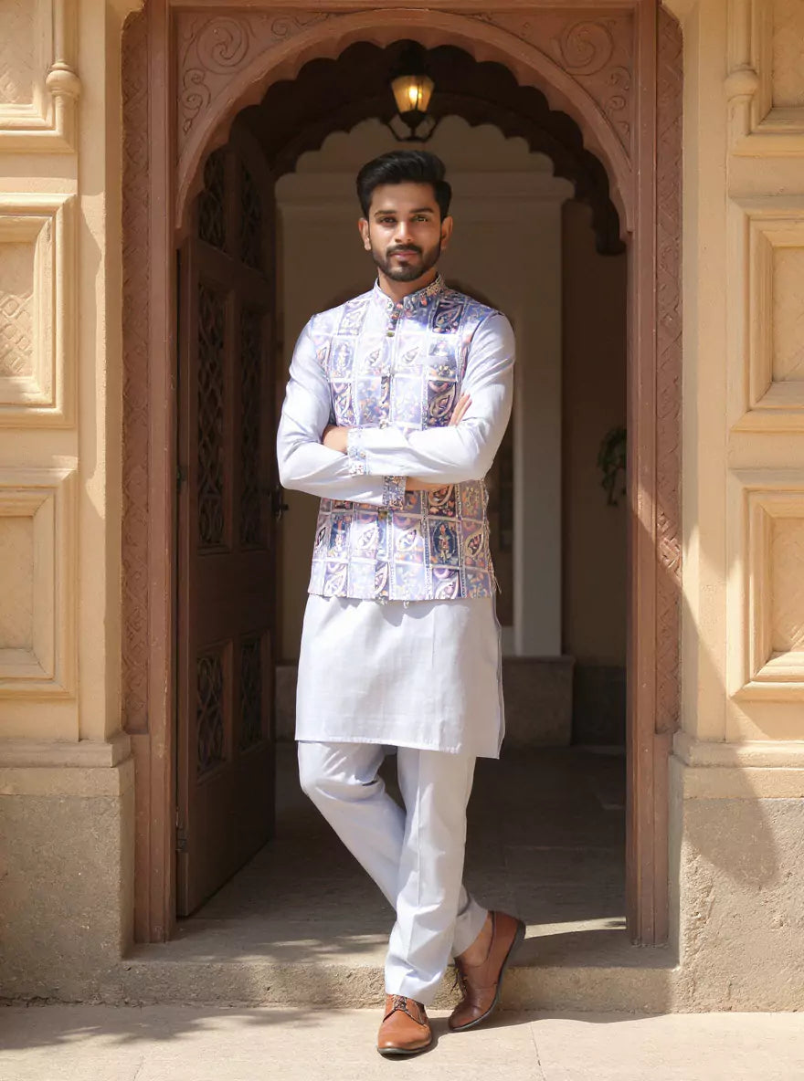 Sky Floral Print with Embellished work Cotton Silk Kurta Jacket Set