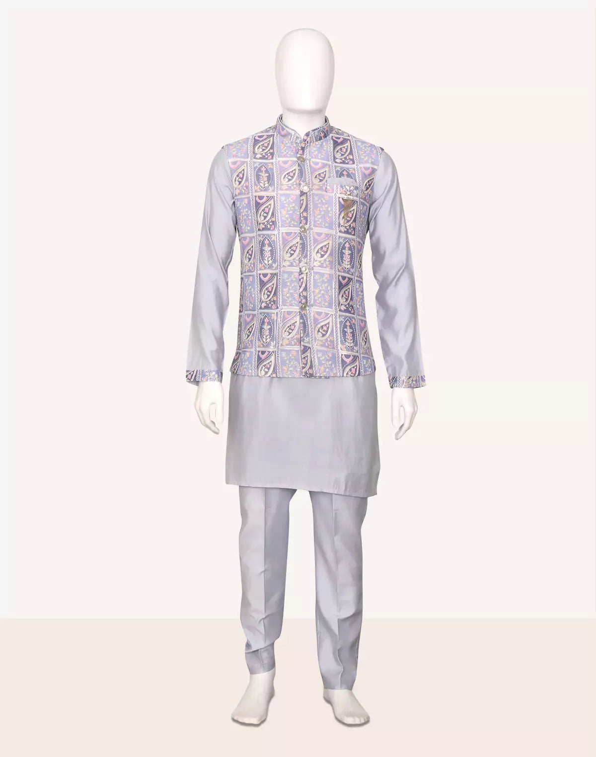 Sky Floral Print with Embellished work Cotton Silk Kurta Jacket Set