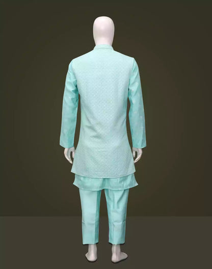 Elegant Firozi Raw Sill Floral Design Kurta Jacket Set