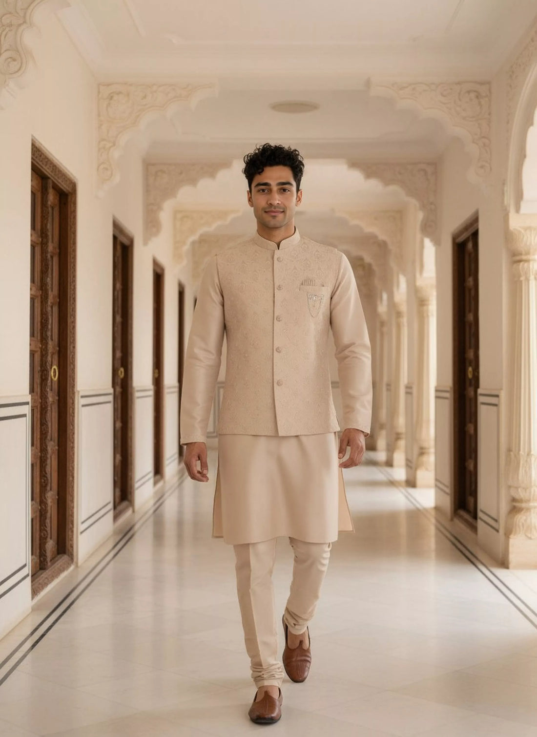 Gold Floral Thread Embroidery work Milky Silk Kurta Jacket Set