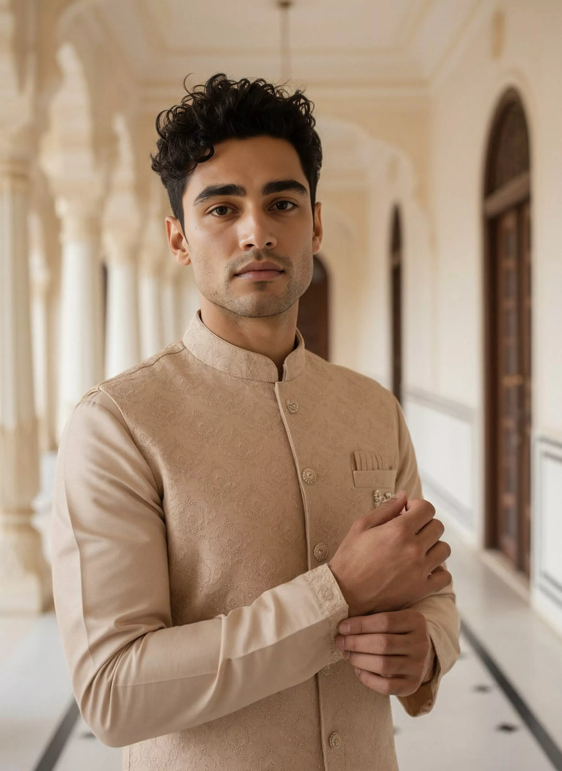 Gold Floral Thread Embroidery work Milky Silk Kurta Jacket Set