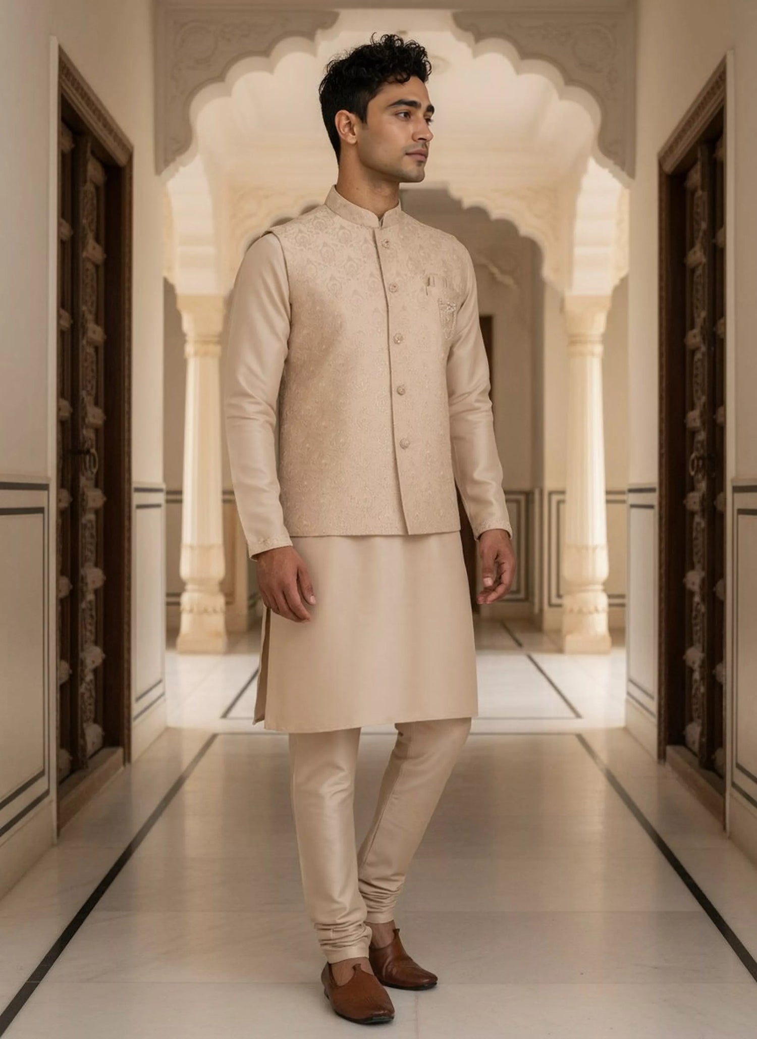 Gold Floral Thread Embroidery work Milky Silk Kurta Jacket Set