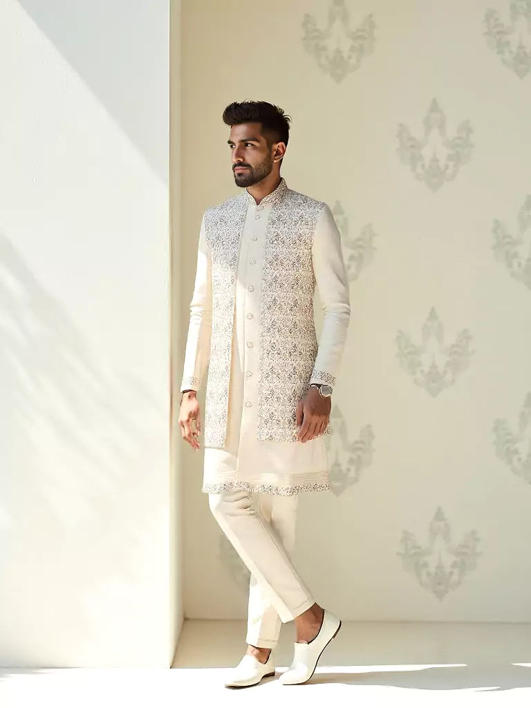 Thread Embroidered Satin Kurta Jacket Set in Fawn Coloured