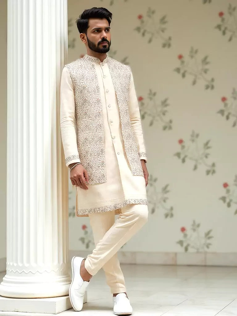 Thread Embroidered Satin Kurta Jacket Set in Fawn Coloured