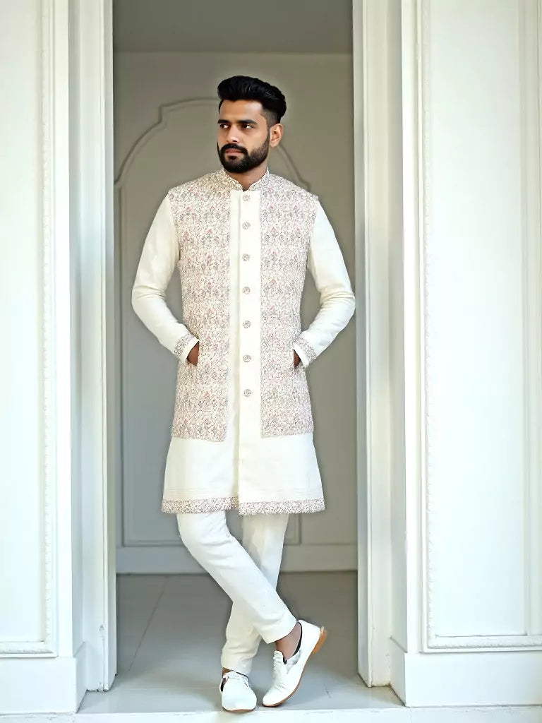 Thread Embroidered Satin Kurta Jacket Set in Cream