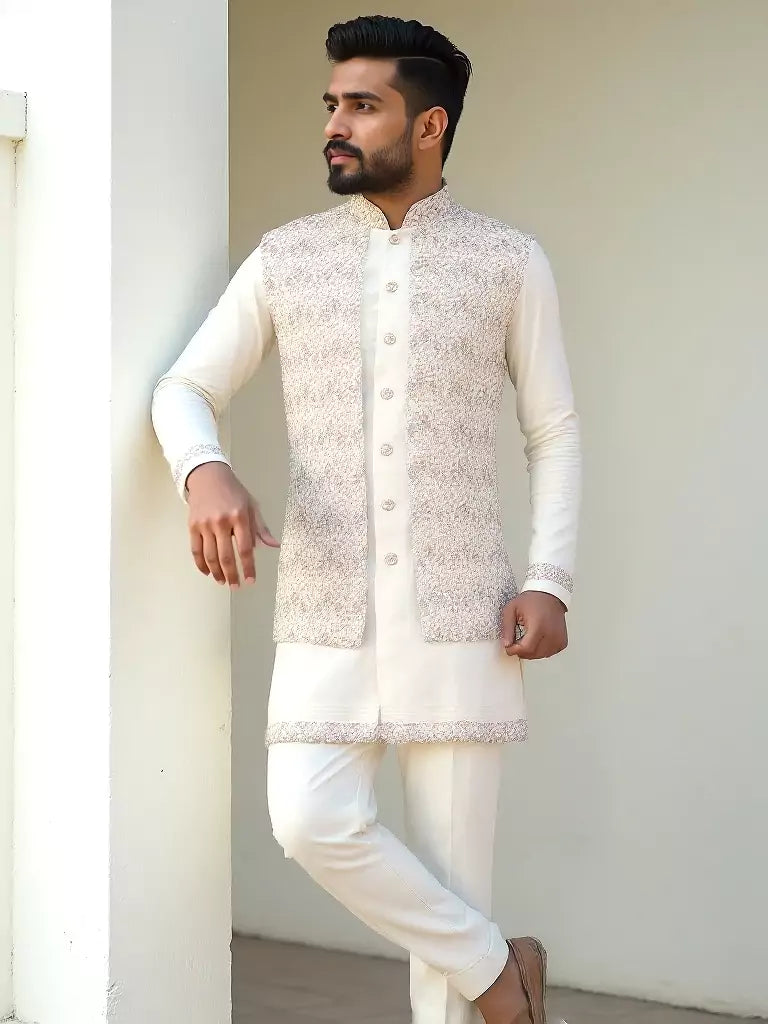 Thread Embroidered Satin Kurta Jacket Set in Cream