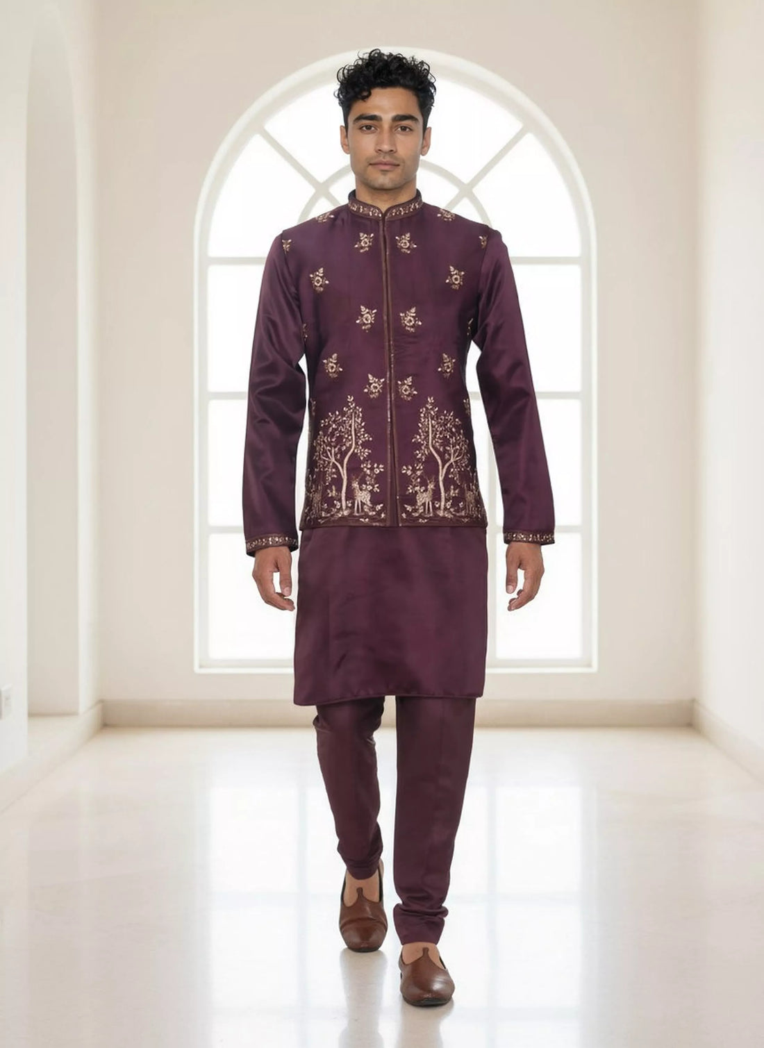 Purple Floral Bunches Embroidery work Satin Kurta Jacket Set