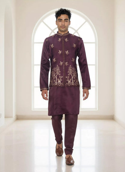Purple Floral Bunches Embroidery work Satin Kurta Jacket Set