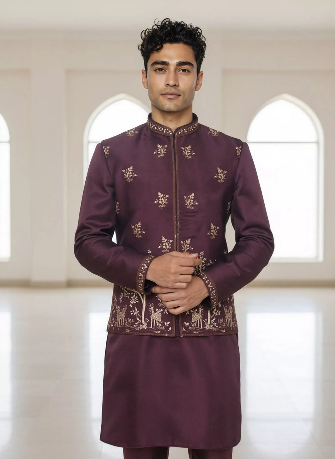 Purple Floral Bunches Embroidery work Satin Kurta Jacket Set