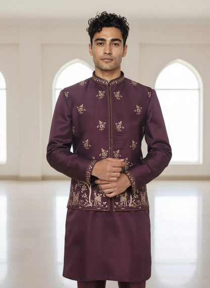 Purple Floral Bunches Embroidery work Satin Kurta Jacket Set
