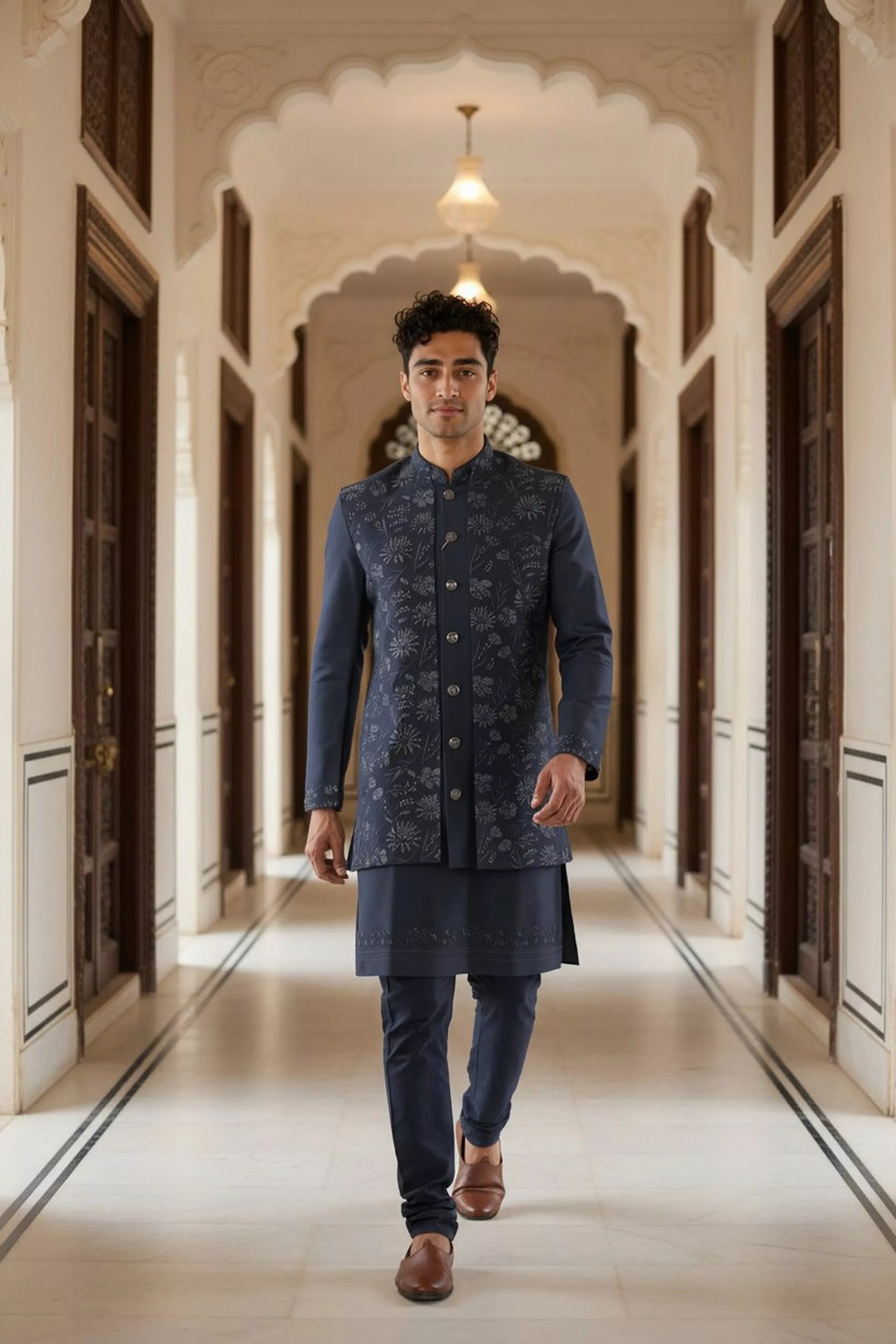 Embellished with Thread work Raw Silk Navy Blue Kurta Jacket
