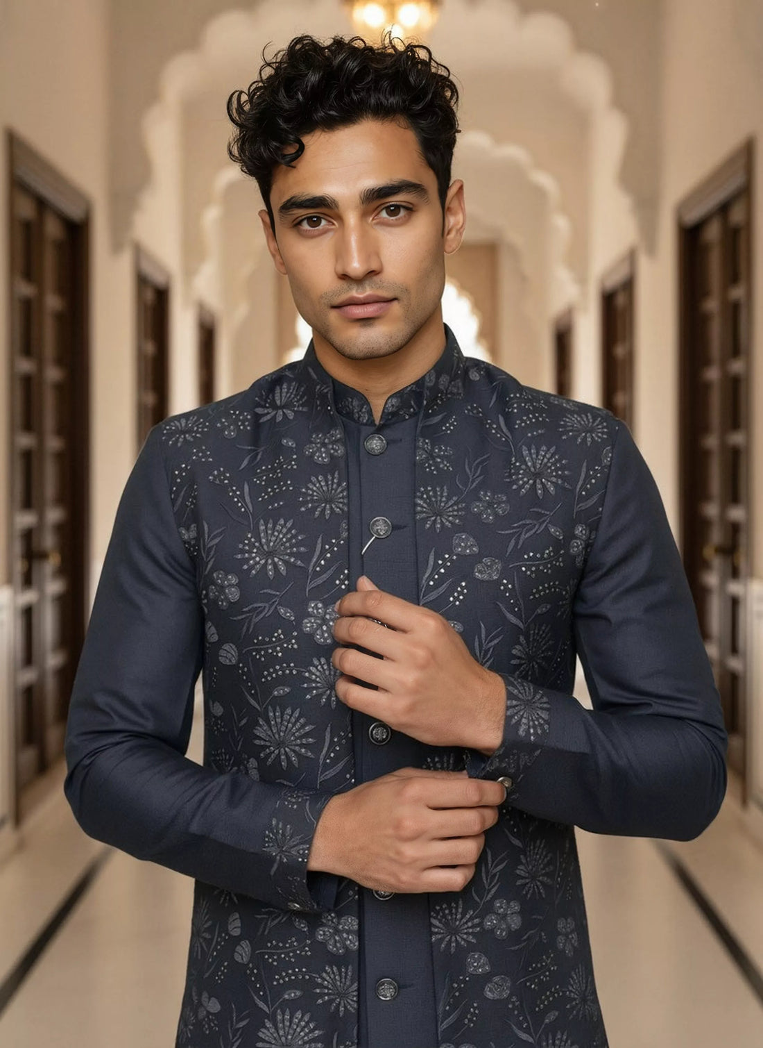 Embellished with Thread work Raw Silk Navy Blue Kurta Jacket