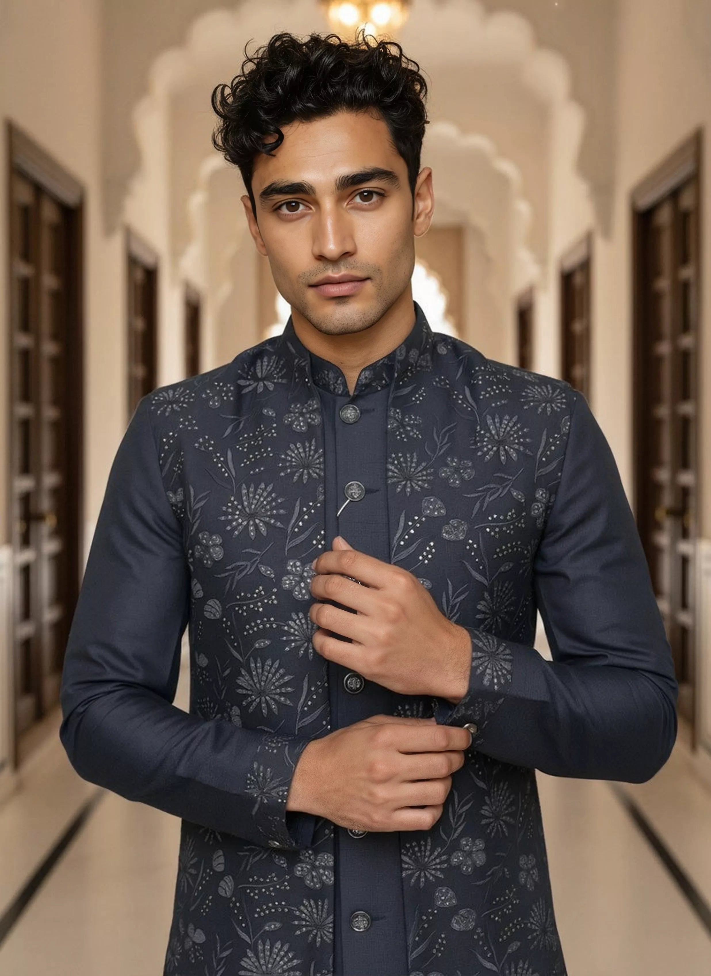 Embellished with Thread work Raw Silk Navy Blue Kurta Jacket