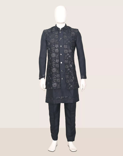 Embellished with Thread work Raw Silk Navy Blue Kurta Jacket