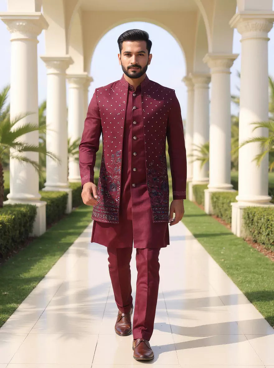 Wine Self Stripes Patterned Raw Silk Thread work Kurta Jacket Set