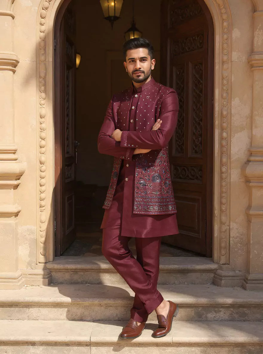 Wine Self Stripes Patterned Raw Silk Thread work Kurta Jacket Set