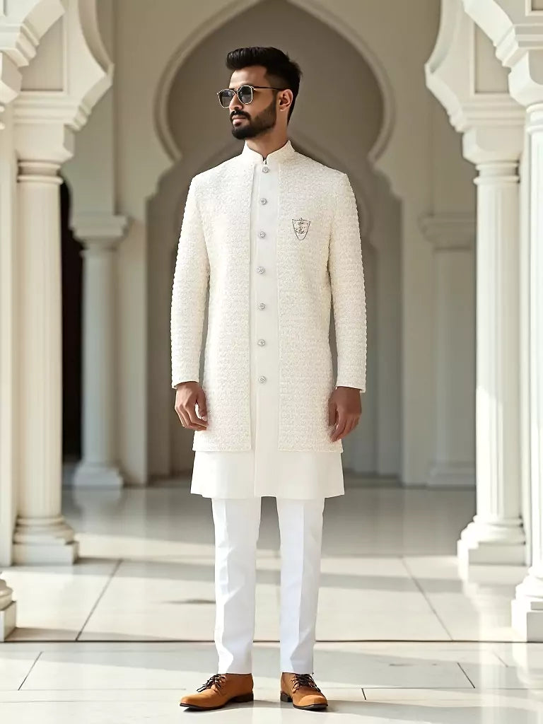Soft Cream Thread with Embellished Cotton-Satin Kurta Jacket Set