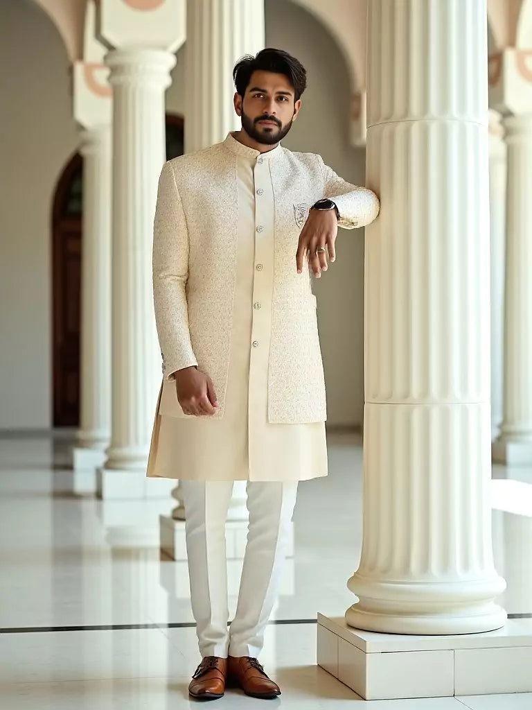 Soft Cream Thread with Embellished Cotton-Satin Kurta Jacket Set