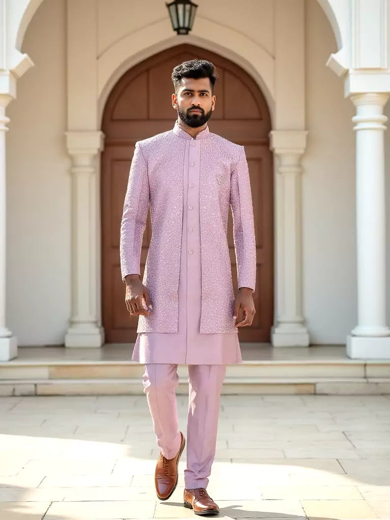 Onion Self Design Thread Embroidery work Cotton-Satin Kurta Jacket Set